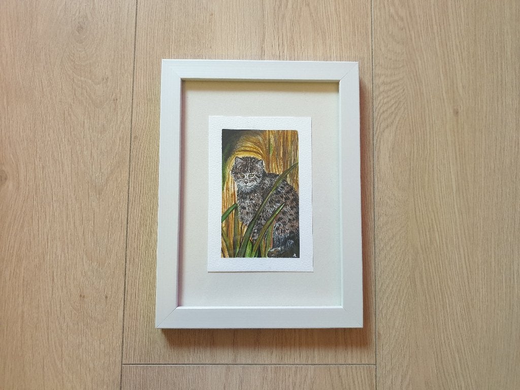 Mini aquarel Vissende kat tekening 18x13cm dier kunst, Ophalen, Minder dan 50 cm, Nieuw, 5 – 50