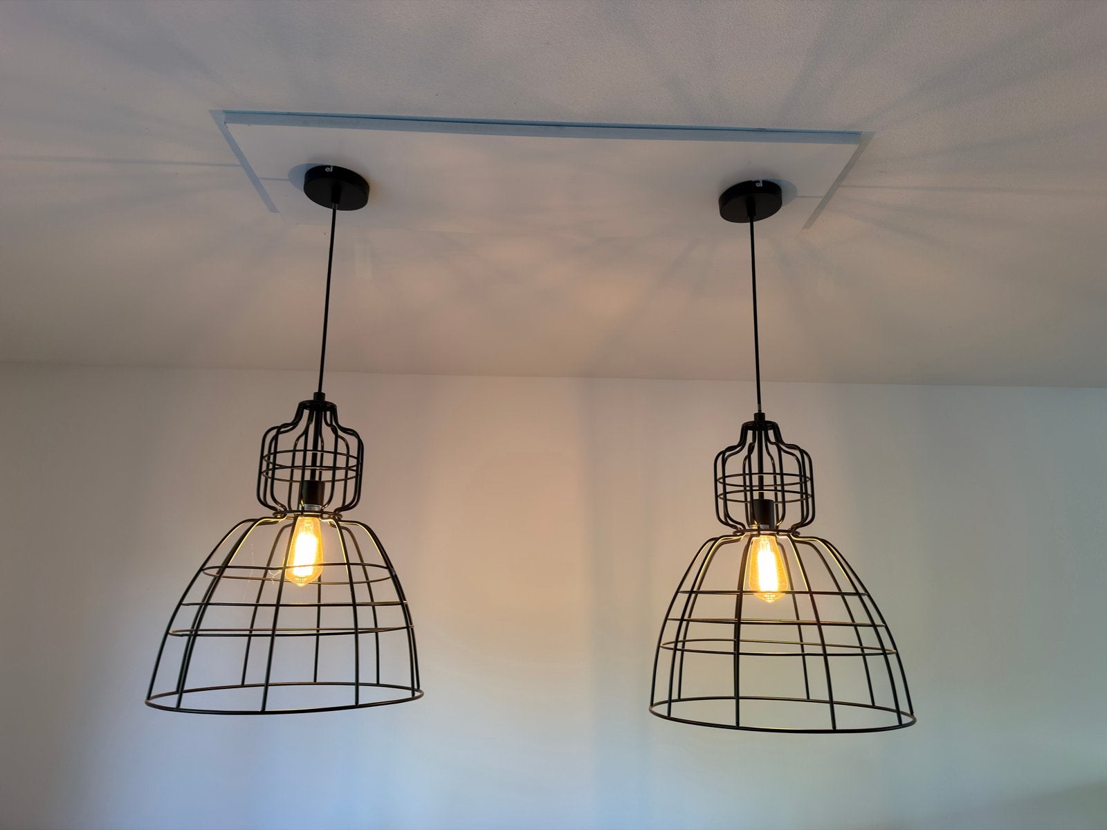 2 Industriële hanglampen, zwart metaal, E27 fitting, Ophalen, Gebruikt, Metaal, E27 (groot)