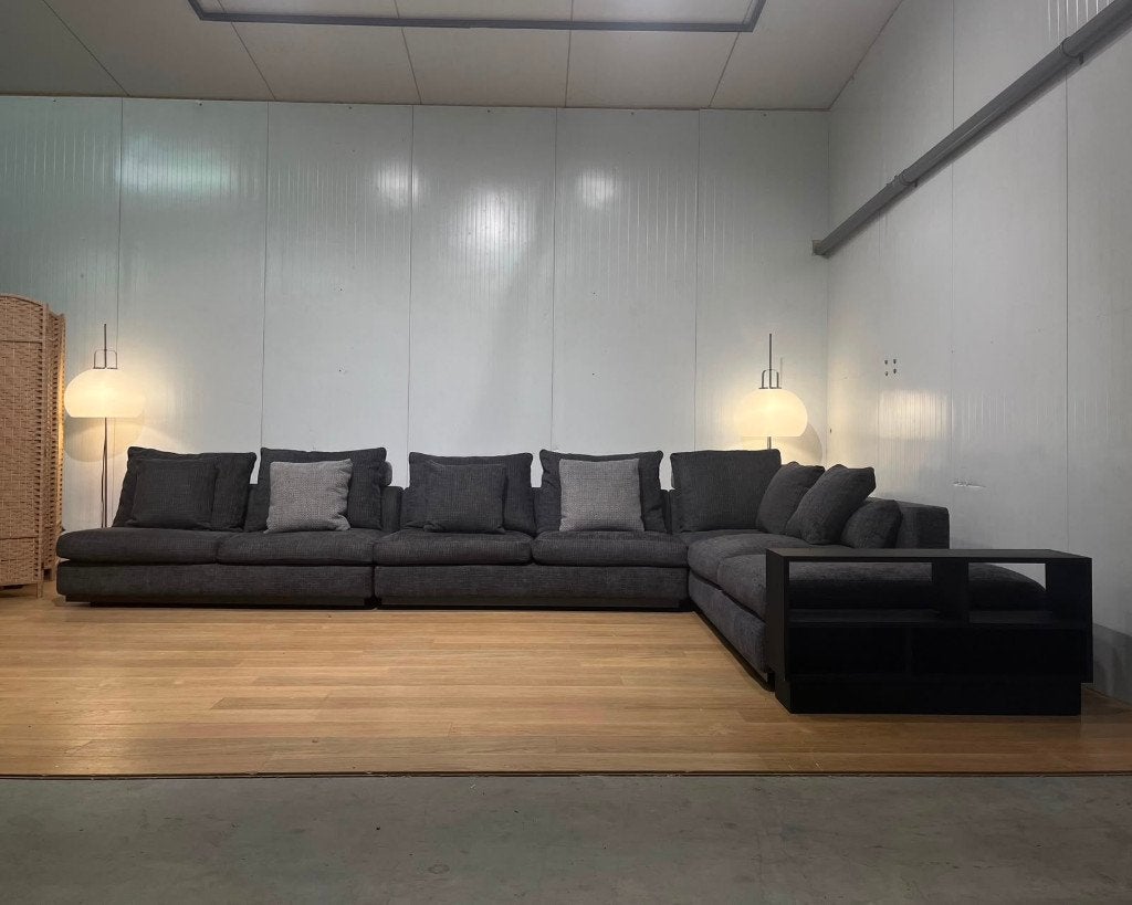 ZGAN Minotti Andersen Luxe Hoekbank Donkerblauw + GARANTIE, Minotti, Hoekbank, 300 cm of meer, Vierpersoons of meer