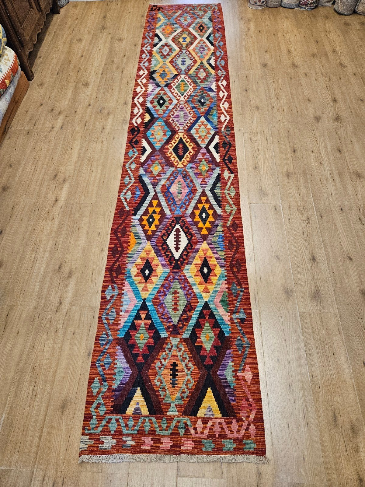 handgeweven oosterse wollen kelim loper 392x76, Info@SlatsAntiek.nl, Geel, Vof Slats Antiek, Kelim