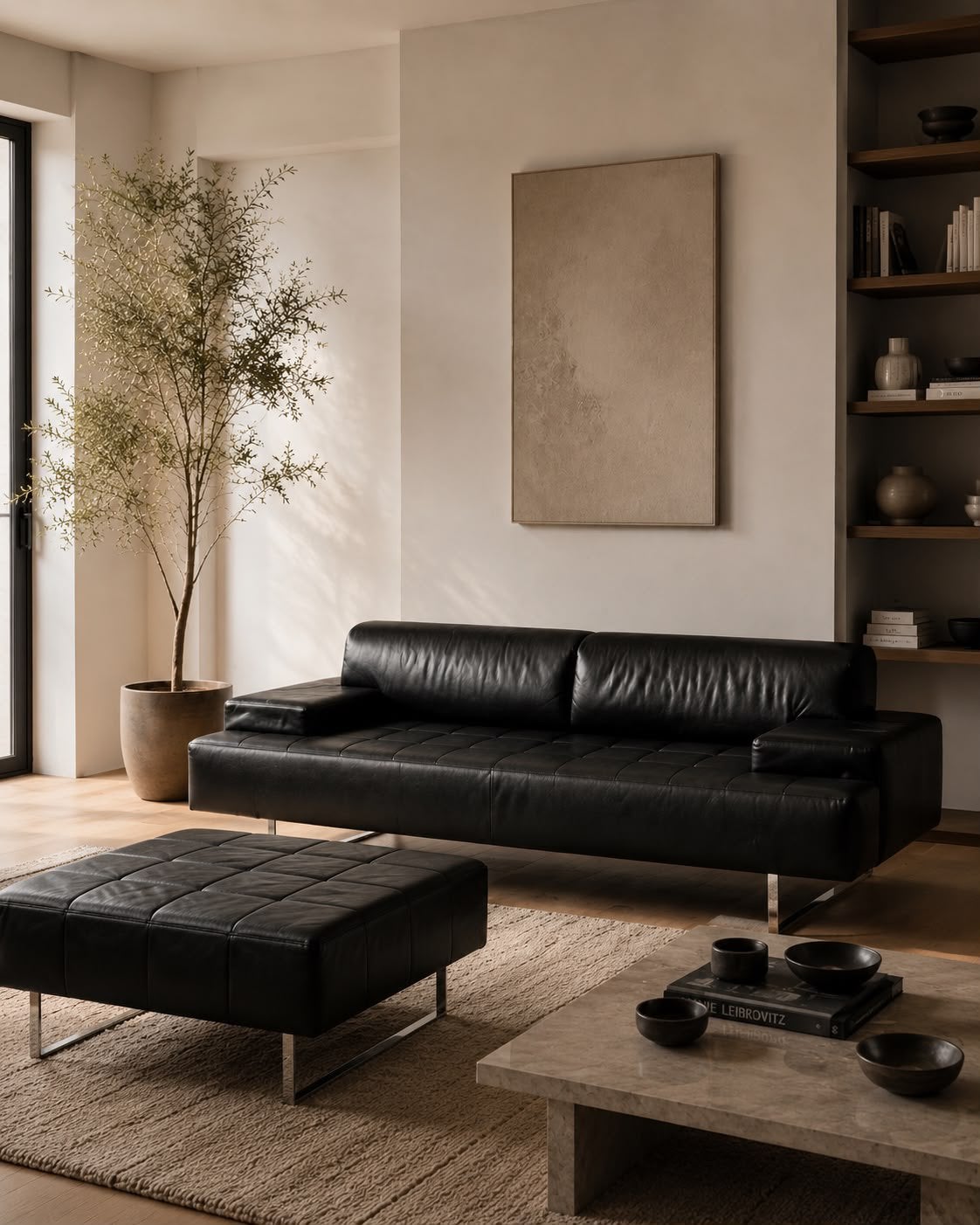 Luxe Poltrona Frau, Zwarte Leren Bank+hocker - Modern Design, Ophalen, Gebruikt, Driepersoons, Rechte bank
