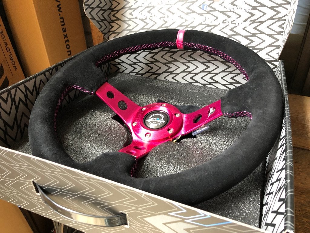 NRG Sportstuur suede 350mm roze paars zwart deep dish 75mm, Ophalen of Verzenden
