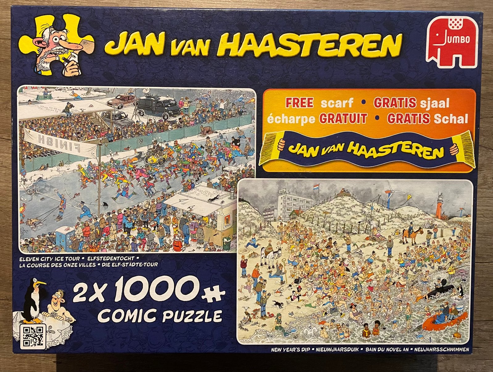 Jan van Haasteren 2x 1000 stukjes puzzel met sjaal, Hobby en Vrije tijd, Denksport en Puzzels, Ophalen, 500 t/m 1500 stukjes, Zo goed als nieuw