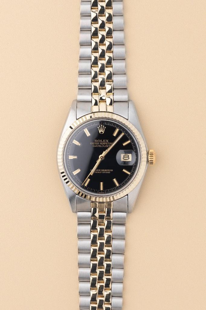 Rolex Datejust 1601/3 black wide boy, Ophalen, Staal, Rolex, Polshorloge