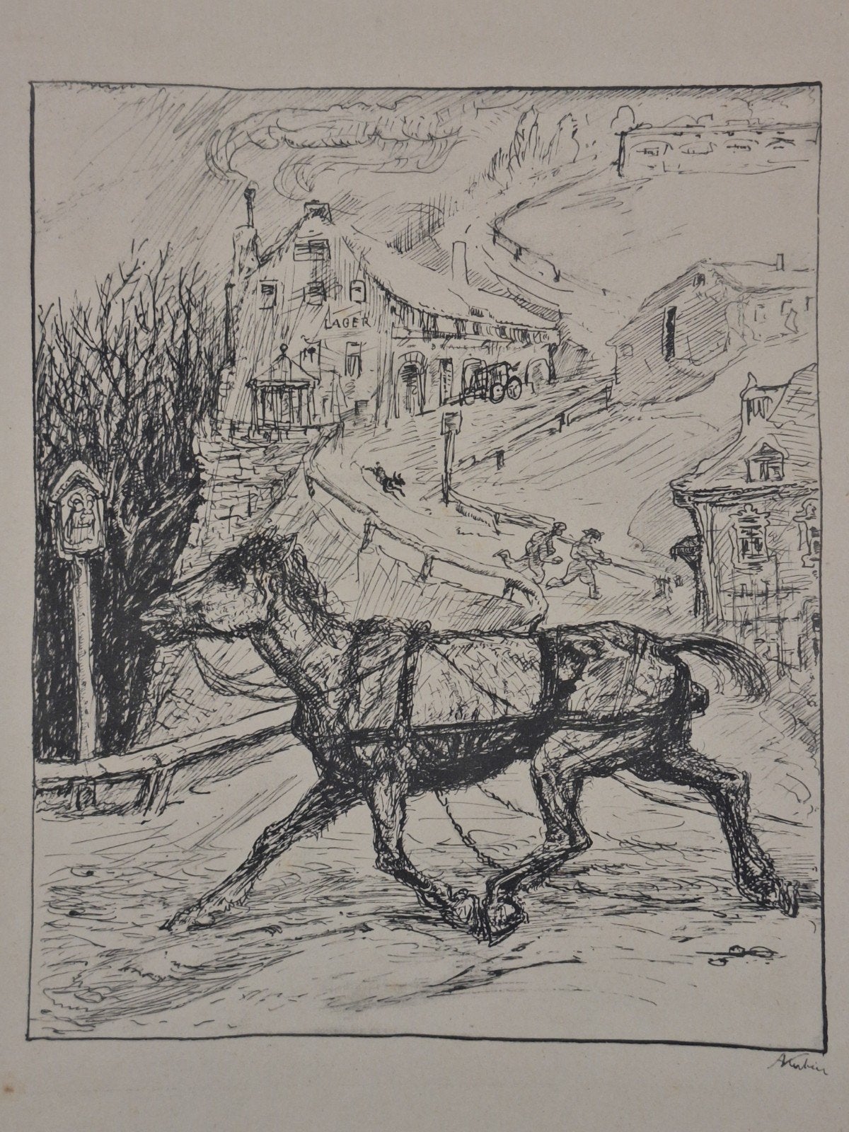 Lithografie 'Paard' door Kanbier, 1950 - 1999, Ophalen of Verzenden, Lithografie, Flora en Fauna