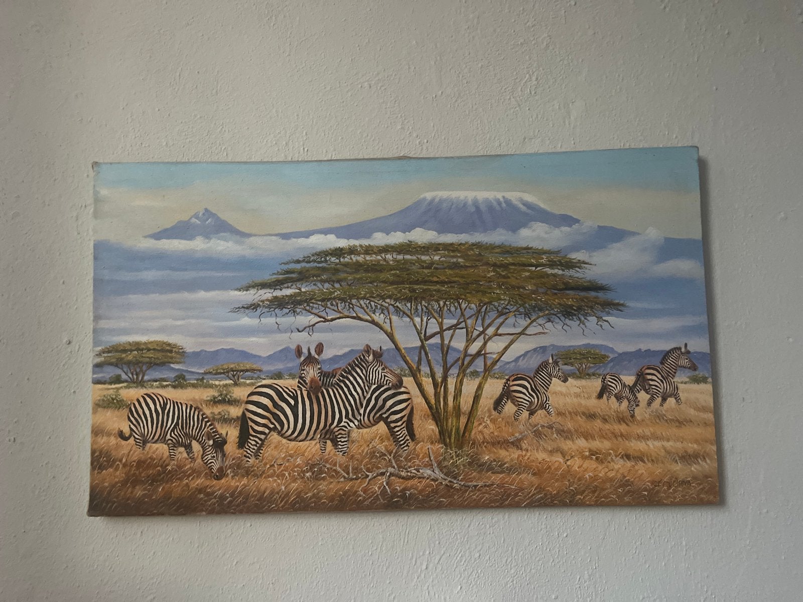 Schilderij met zebra's en Kilimanjaro, Doek, Realistisch, Dieren, Ophalen of Verzenden