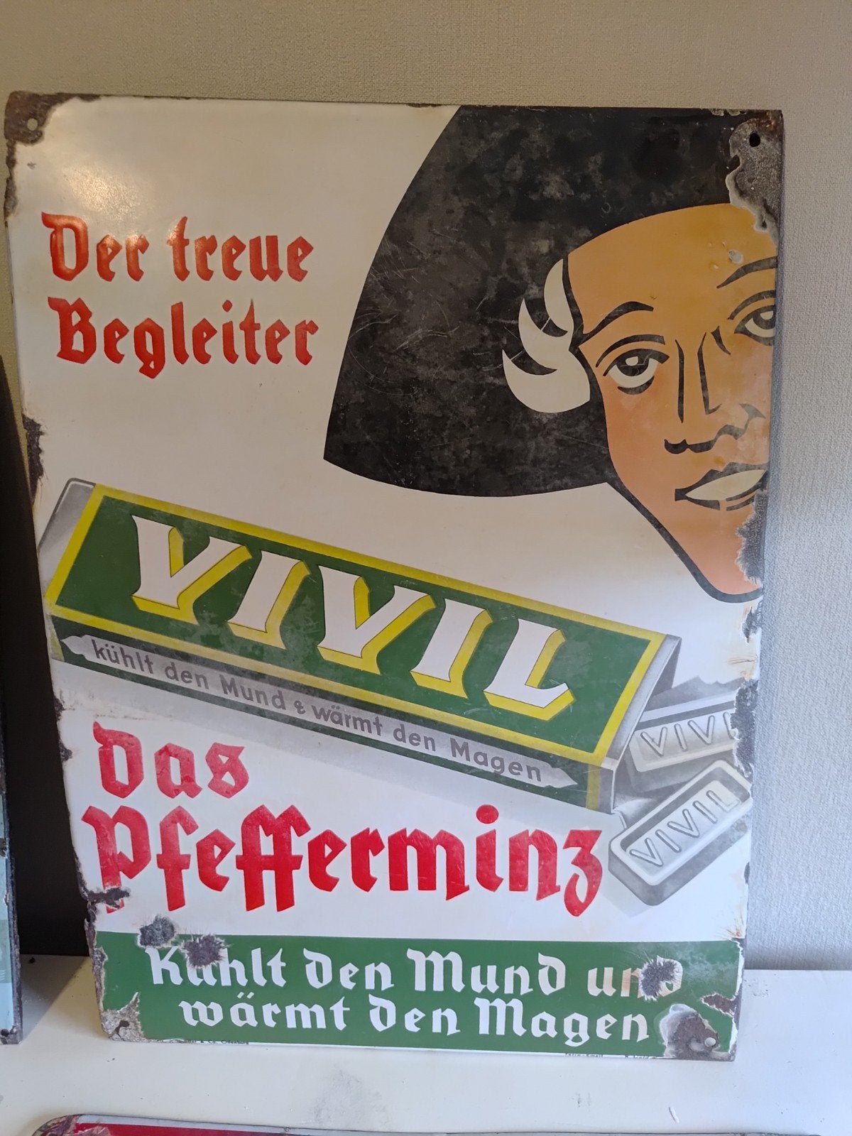 Zeer oud emaille bord Vivil Pfefferminz, Verzamelen, Merken en Reclamevoorwerpen, Ophalen, Gebruikt, Reclamebord