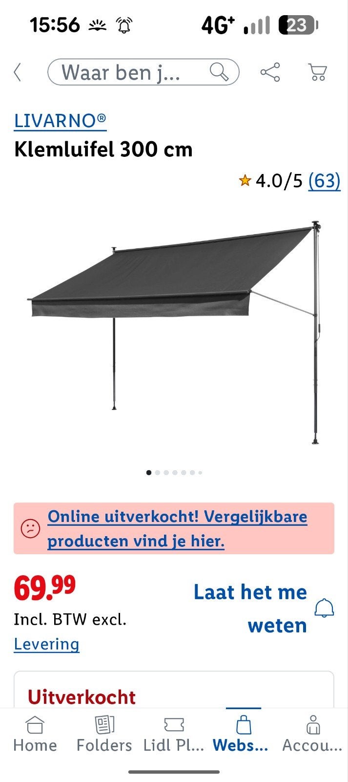 Livarno klemluifel 300cm, antracietgrijs. Nooit gebruikt, Tuin en Terras, Ophalen, Zo goed als nieuw, 150 tot 300 cm, 250 cm tot 450 cm