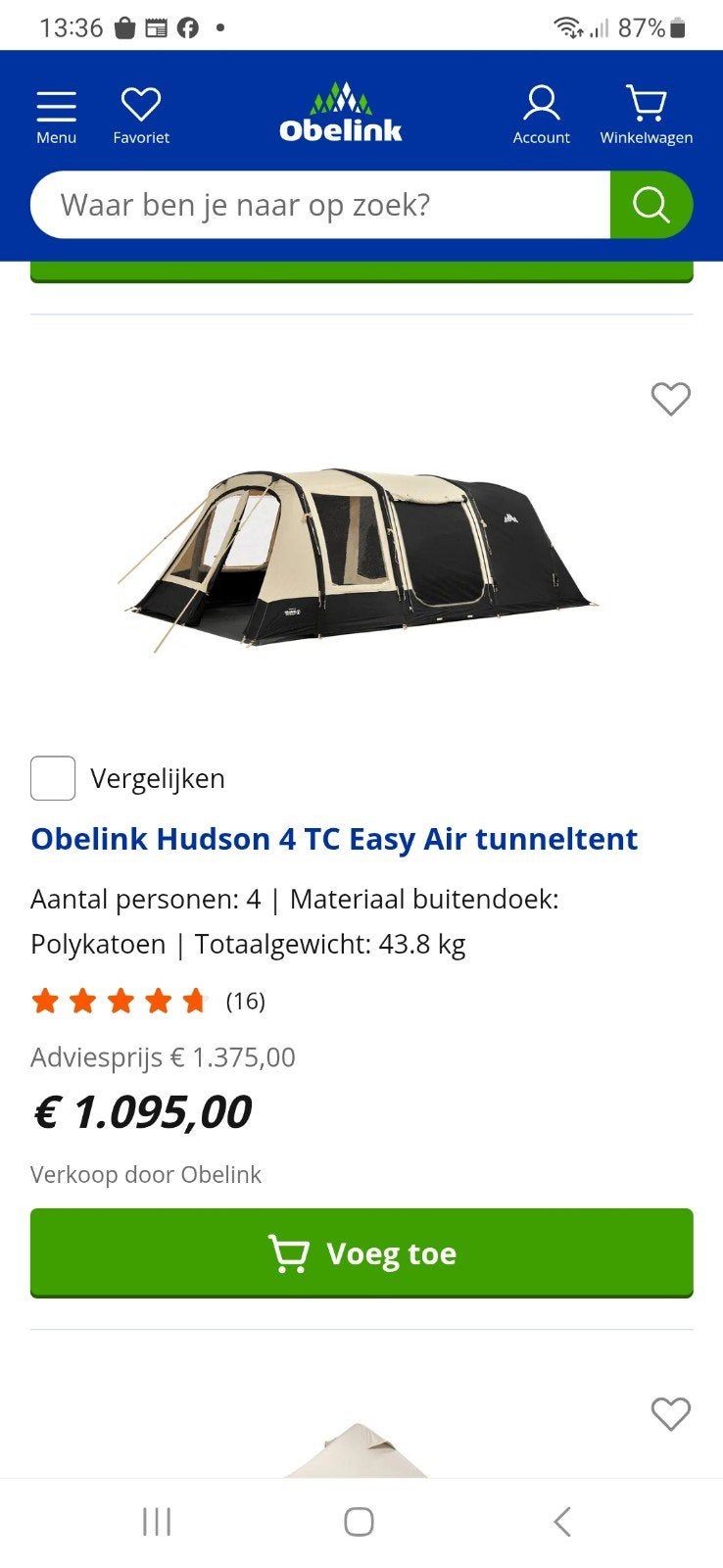 Obelink Hudson 4 TC Easy Air tunneltent, Ophalen, Zo goed als nieuw, Tot en met 4