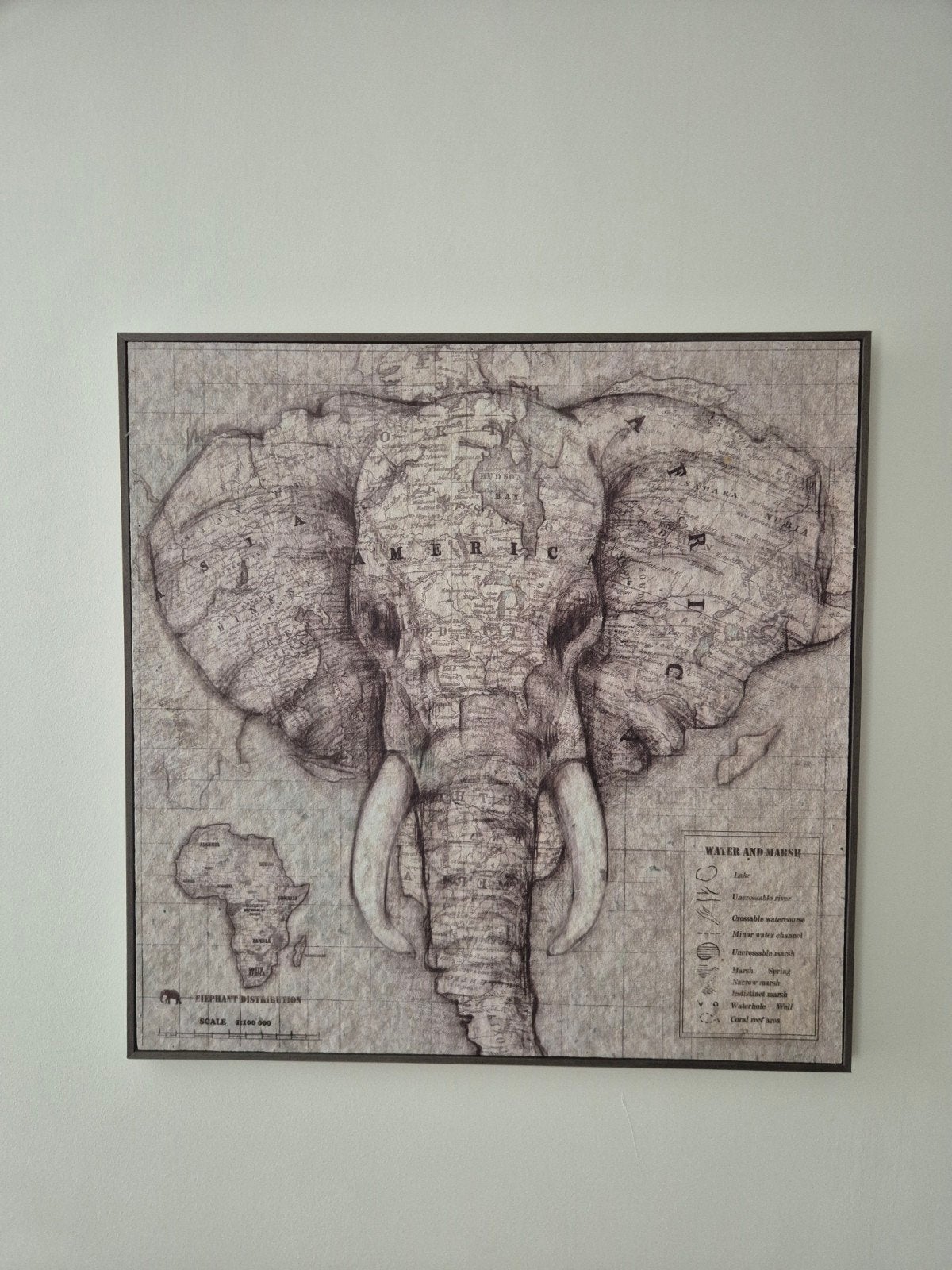 Schilderij olifant met wereldkaart 90x90cm, Ophalen, Gebruikt, Schilderij, 75 tot 100 cm