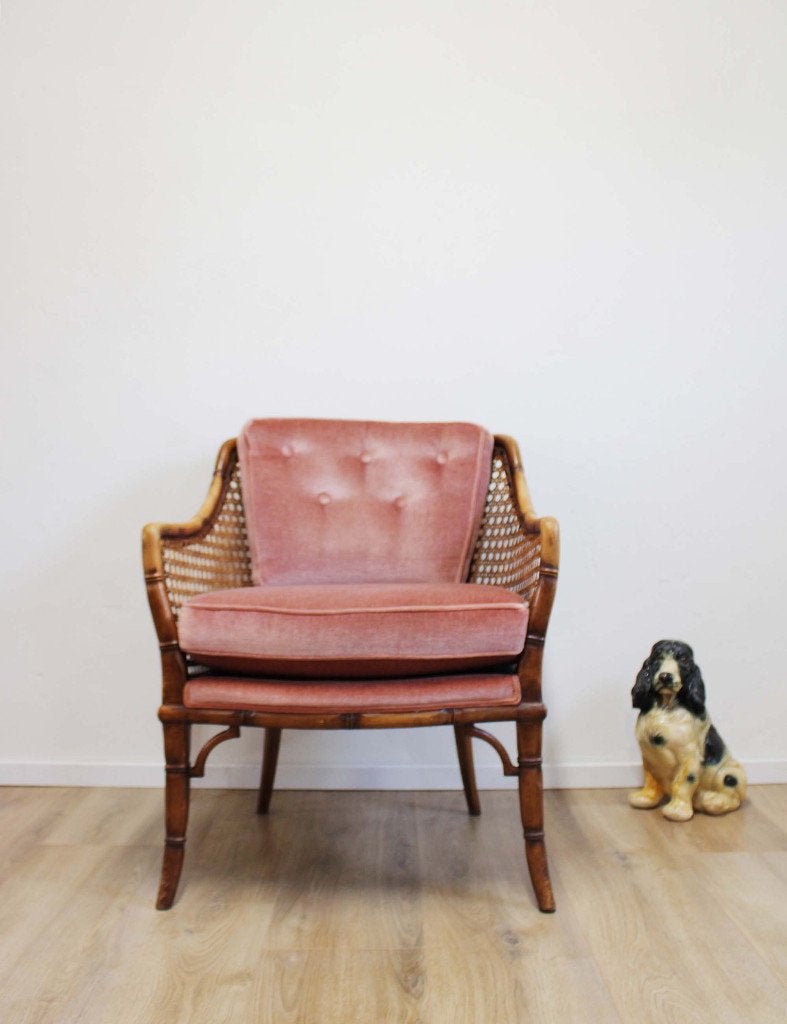 Vintage fauteuil - roze velvet. Rotan stoel, Giorgetti?, Ophalen, Retro, vintage, eclectisch, bohemien, hollywood regency, O, O