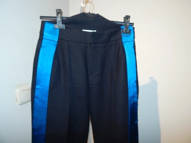 Mugler Thierry Mugler broek azuur satijn bies band voet S, Kleding | Dames, Broeken en Pantalons, Zo goed als nieuw, Maat 36 (S)