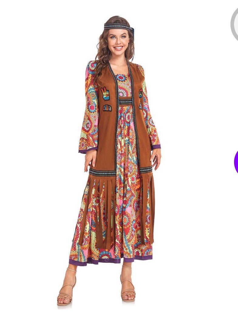 8x Hippy flower power jurk + vest loopgroep / maat L, Carnaval, Maat 42/44 (L), Ophalen of Verzenden, Zo goed als nieuw
