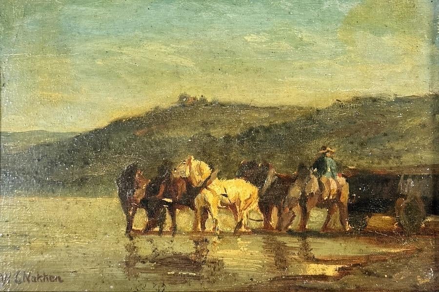 1137. Olieverfschilderij met rustende trekpaarden, Antiek en Kunst, Ophalen of Verzenden