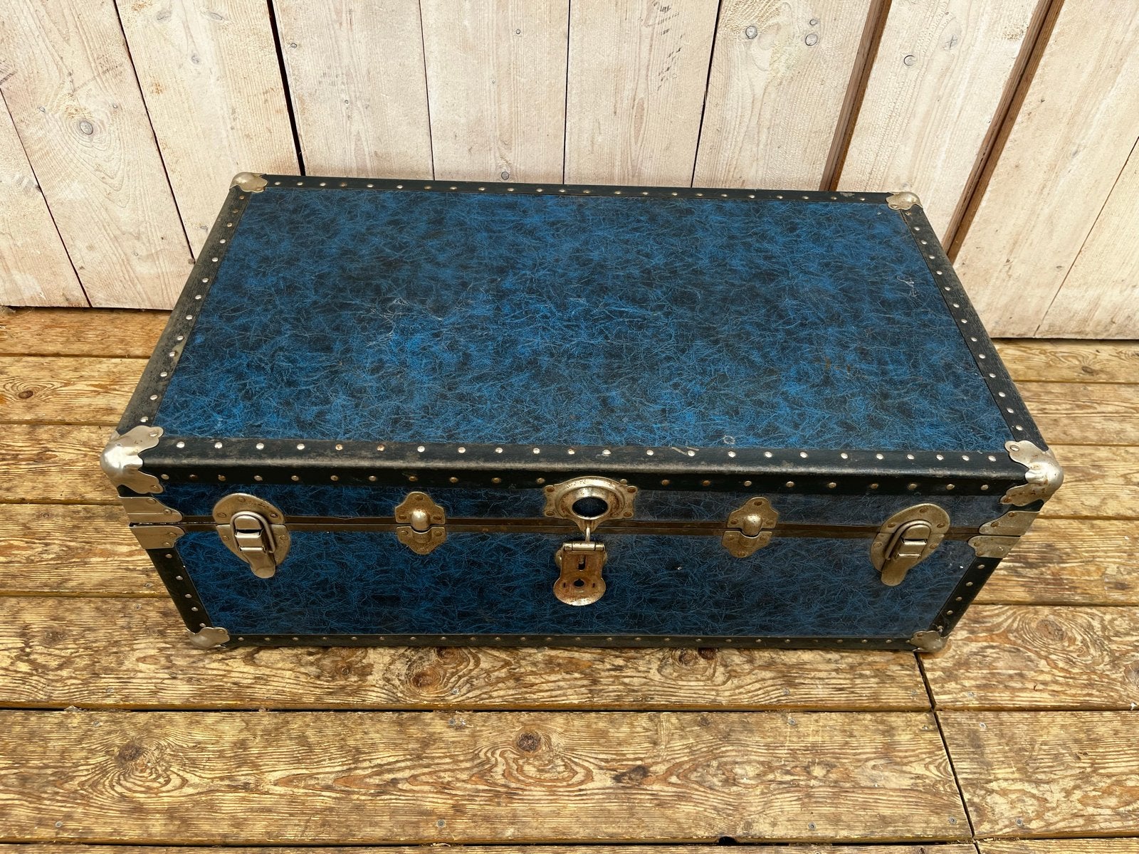 Vintage Blauwe Reiskoffer / Opbergkist, Ophalen, 50 – 75, Gebruikt, 100 tot 150 cm