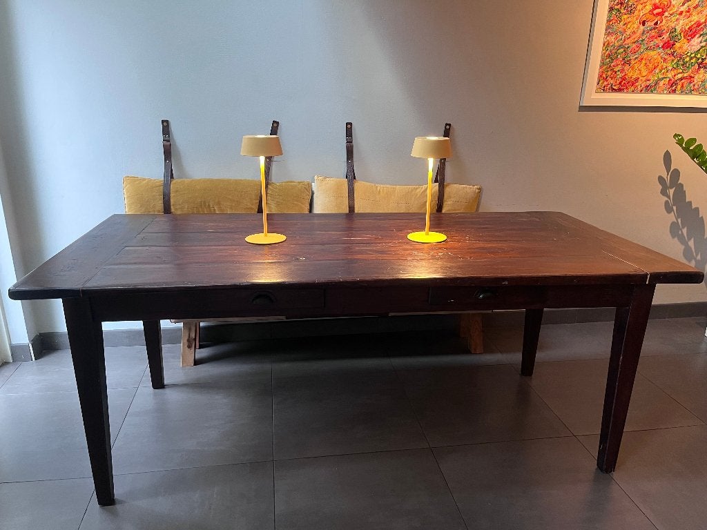 Boerentafel massief hout 195x90cm 2 laden eettafel, Gebruikt, Eikenhout, 200 cm of meer, Vier personen