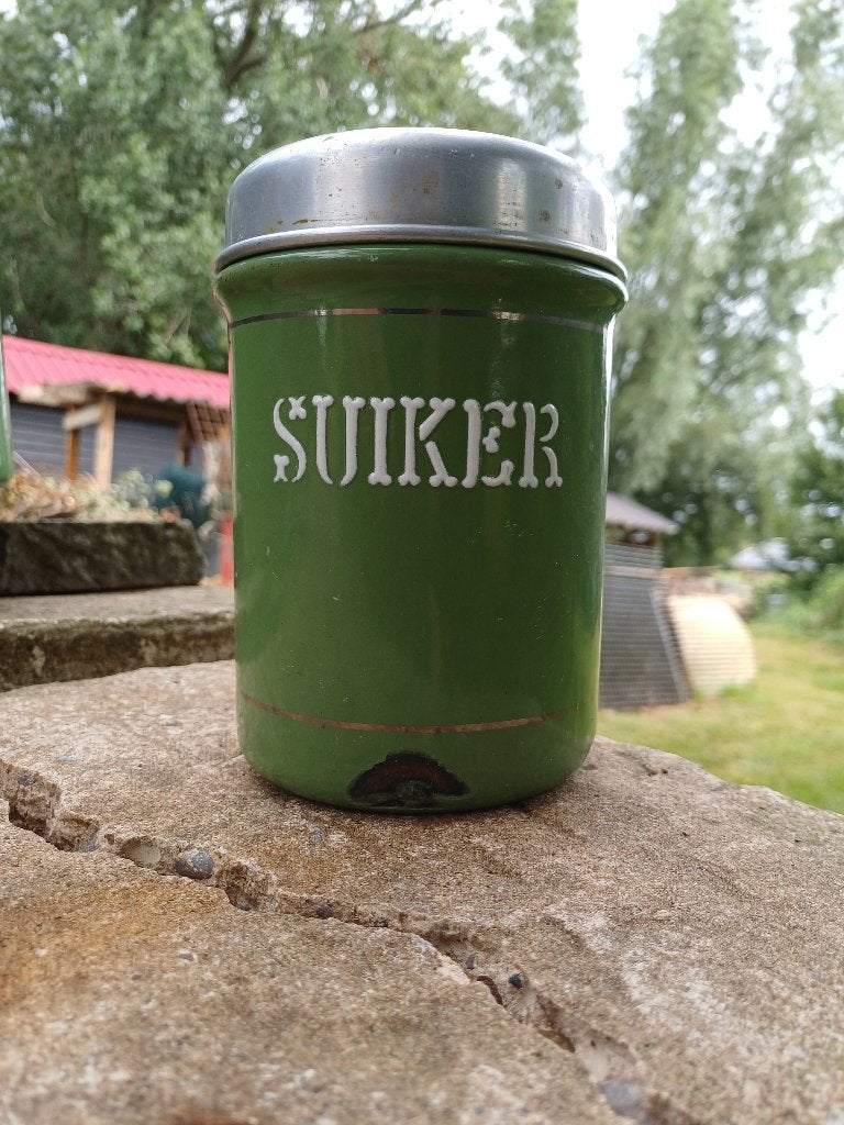 Ouderwetse antieke vintage groene emaille suikerbus, Ophalen of Verzenden