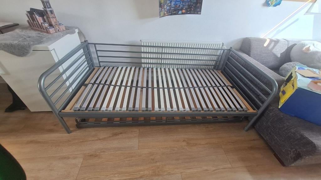 Stapelbed met uitschuifbaar bed - Grijs metaal, Ophalen, 90 cm, Eenpersoons, Minder dan 160 cm