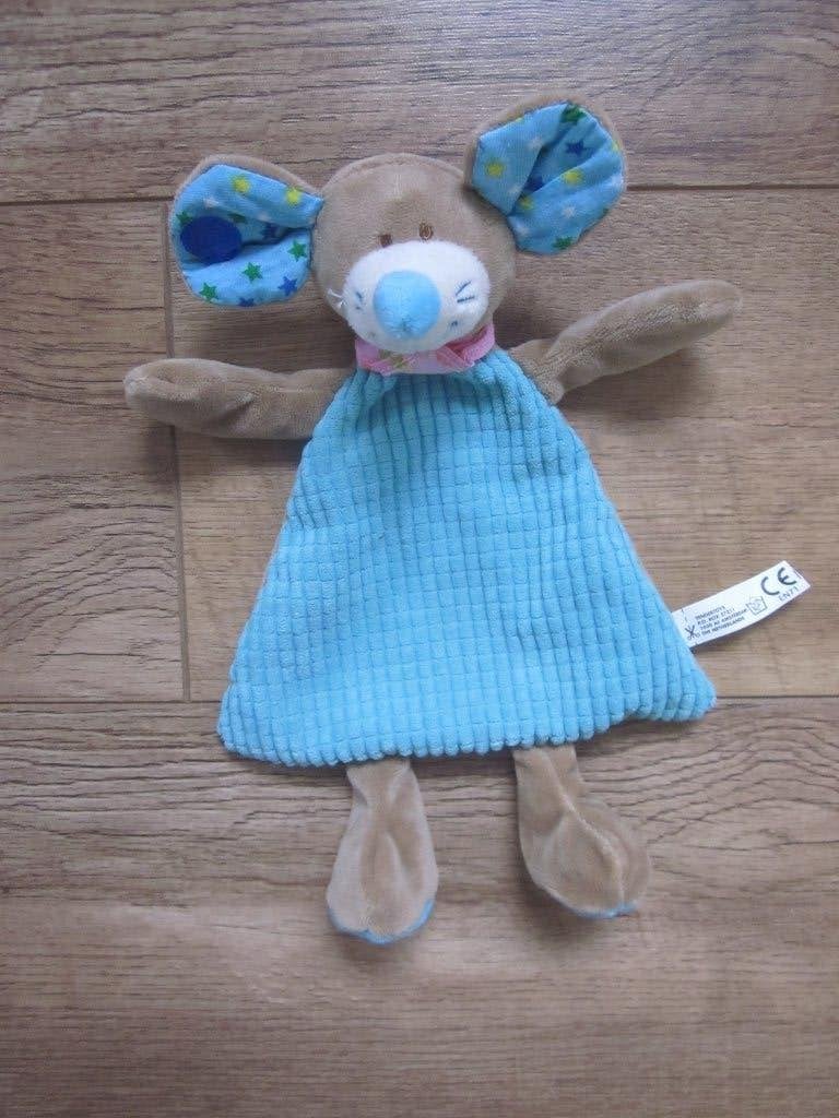 Tendertoys pluche knuffeldoek bruin-turquoise muis rammeltje, Muis, Overige merken, Overige karakters, Nieuw