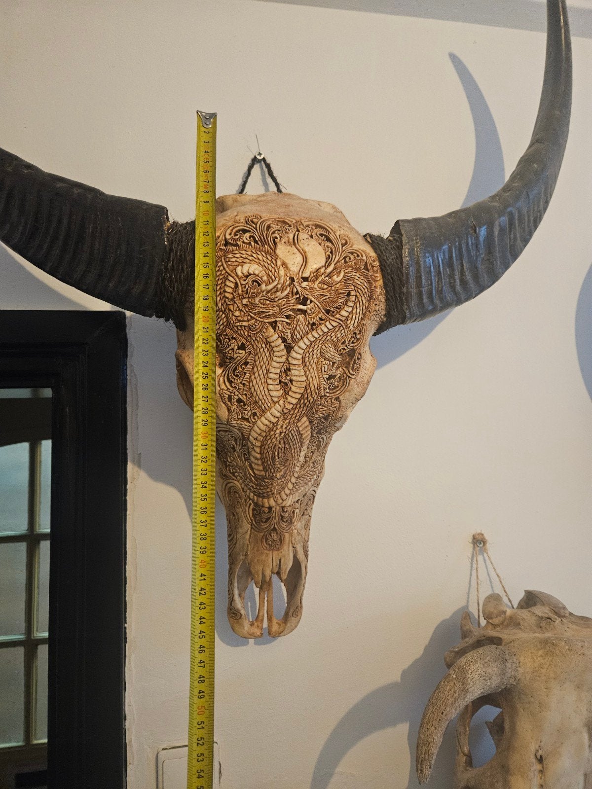 Uniek gesneden buffelschedel met drakenmotief, Ophalen, Natuurlijk materiaal, 50 - 100 cm