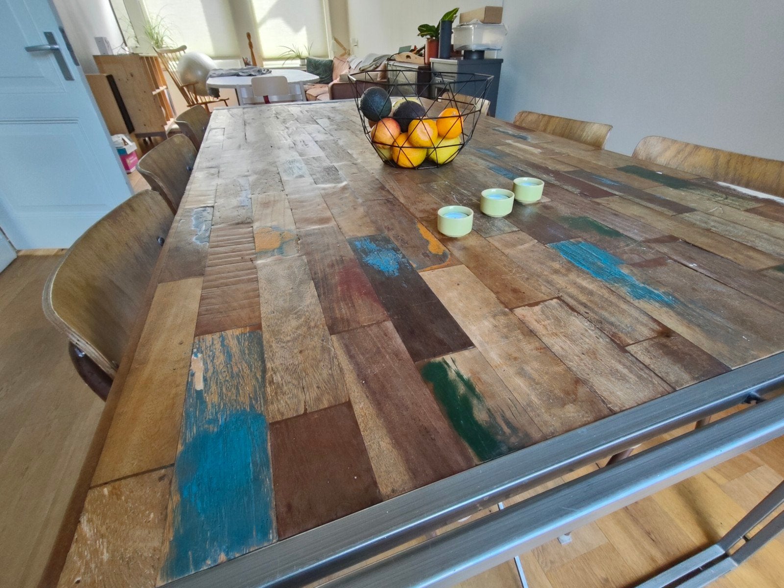 Eettafel sloophout met 6 stoelen, Ophalen, 100 tot 150 cm, Zo goed als nieuw, Vijf personen of meer