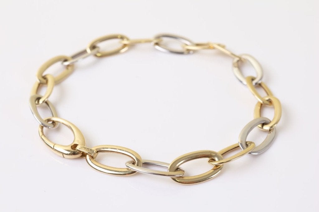 14 Karaat Bicolor Gouden Schakelarmband – 18 cm, Sieraden, Tassen en Uiterlijk, Armbanden, Ophalen of Verzenden, Zo goed als nieuw