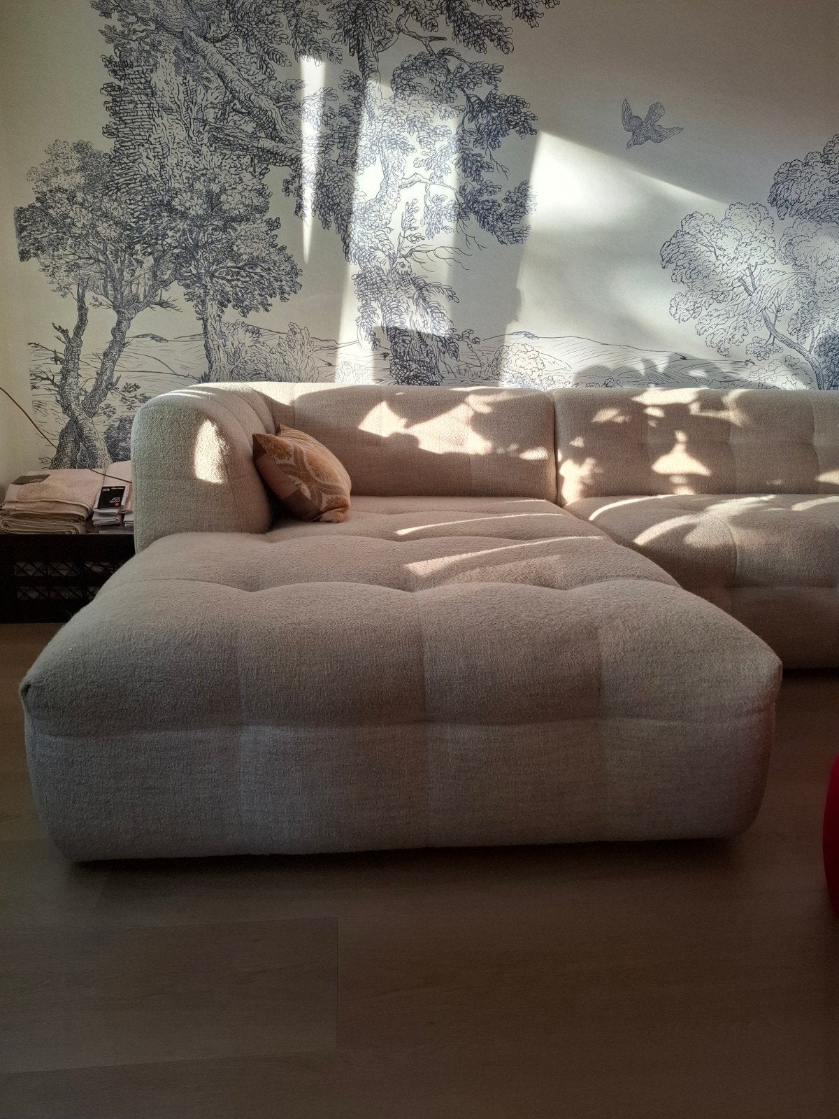 Crème/beige loungebank met chaise longue, 2 jaar oud, Ophalen, 250 tot 300 cm, Gebruikt, 125 tot 150 cm