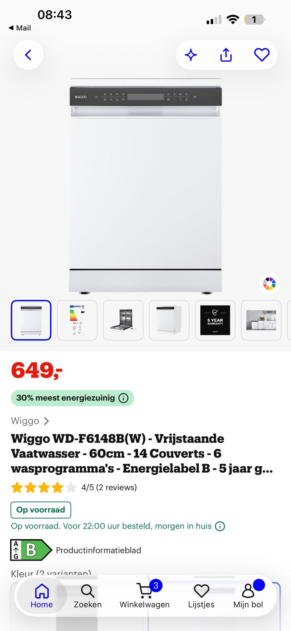 Wiggo Vaatwasser - Zo goed als nieuw - Gekocht 25 nov., 60 cm of meer, Eco programma, Minder dan 10 liter, Ophalen of Verzenden