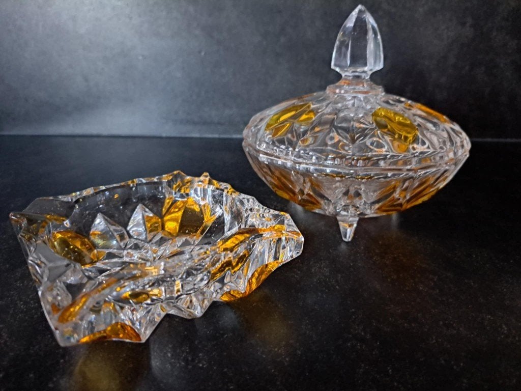 Vintage bonboniere en asbak met amberkleurige accenten, Ophalen of Verzenden