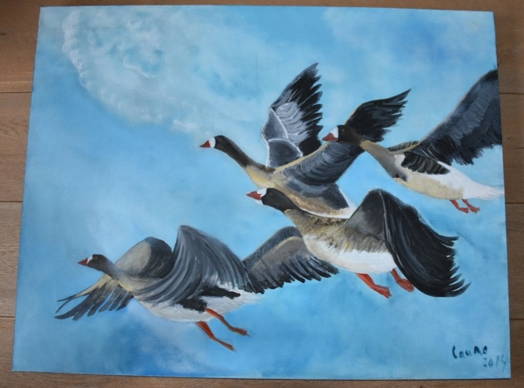 Handgemaakt schilderij: Vliegende ganzen (90x70 cm), Ophalen, Acrylverf, Doek, Realistisch