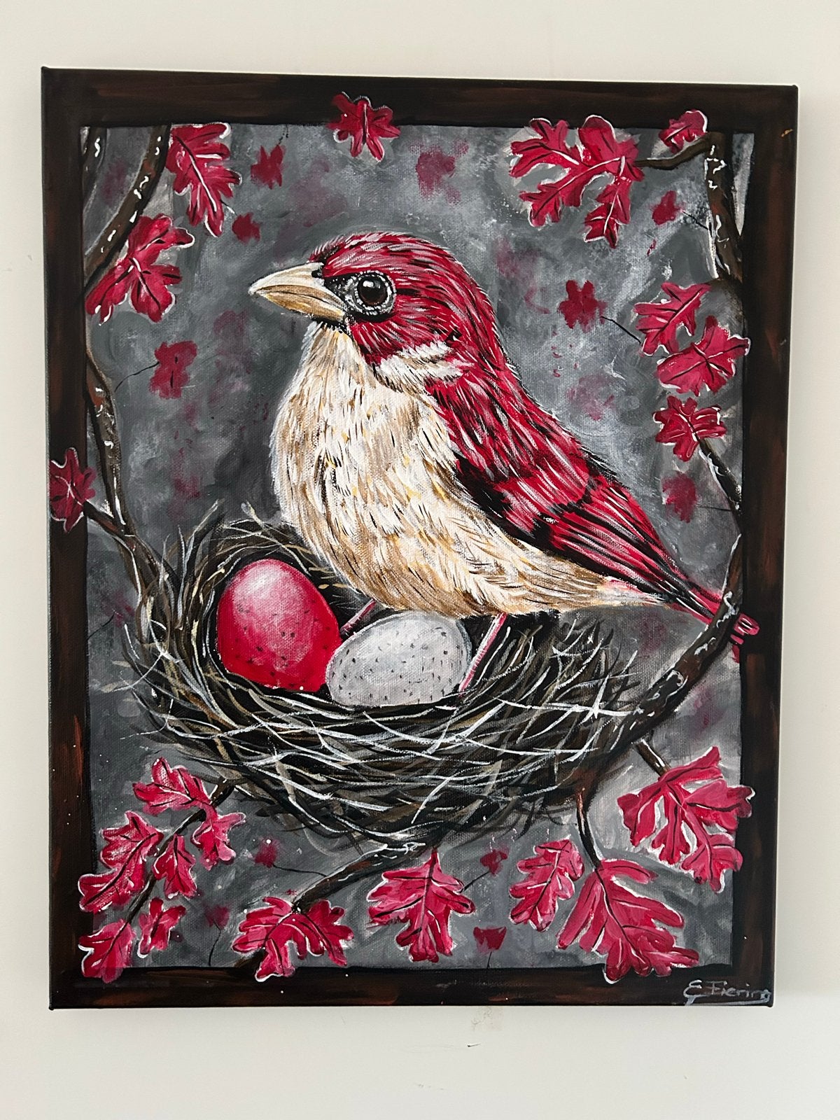 Vogel in nest met eieren - Acrylverf op doek (40-50 cm), Acrylverf, Doek, Dieren, Ophalen of Verzenden