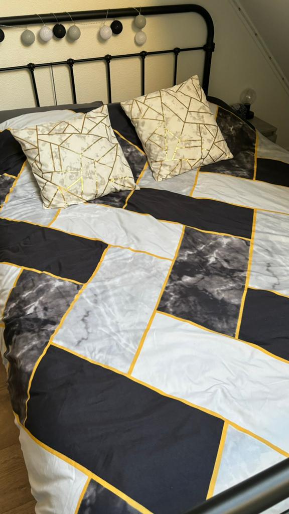 Geometrisch marmer zwart/wit/goud dekbedovertrek 200x200cm., Zwart, Dekbedovertrek, Tweepersoons, Ophalen of Verzenden