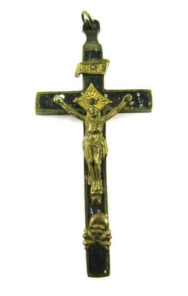 Antiek Frans Borstkruis, Ebbenhout Messing, Schedel/Golgotha, Antiek en Kunst, Antiek | Religie, Ophalen