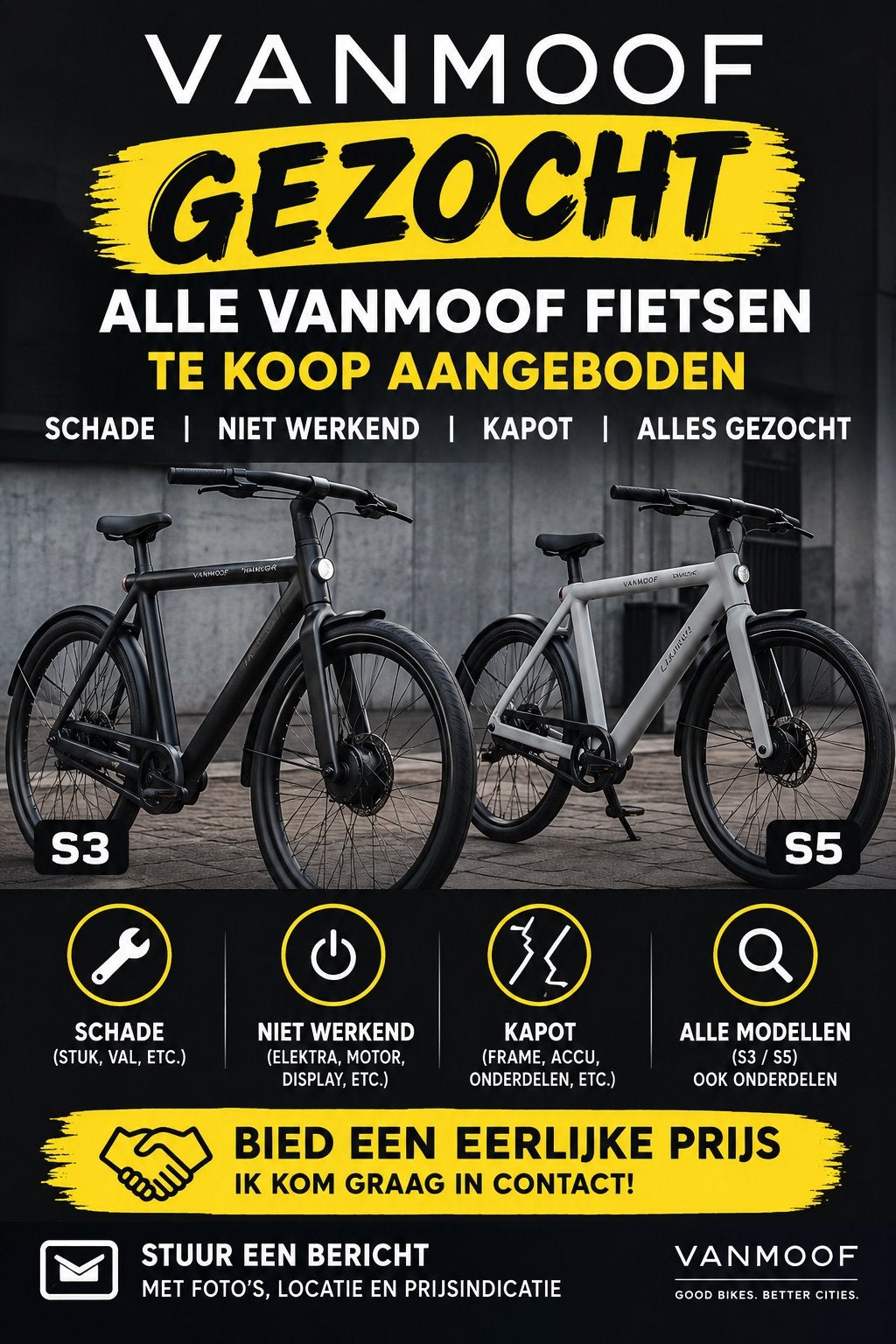 VanMoof S3 / S5 gezocht Ook kapot, schade of defect!, 59 cm of meer, Ophalen, Zo goed als nieuw, Vanmoof