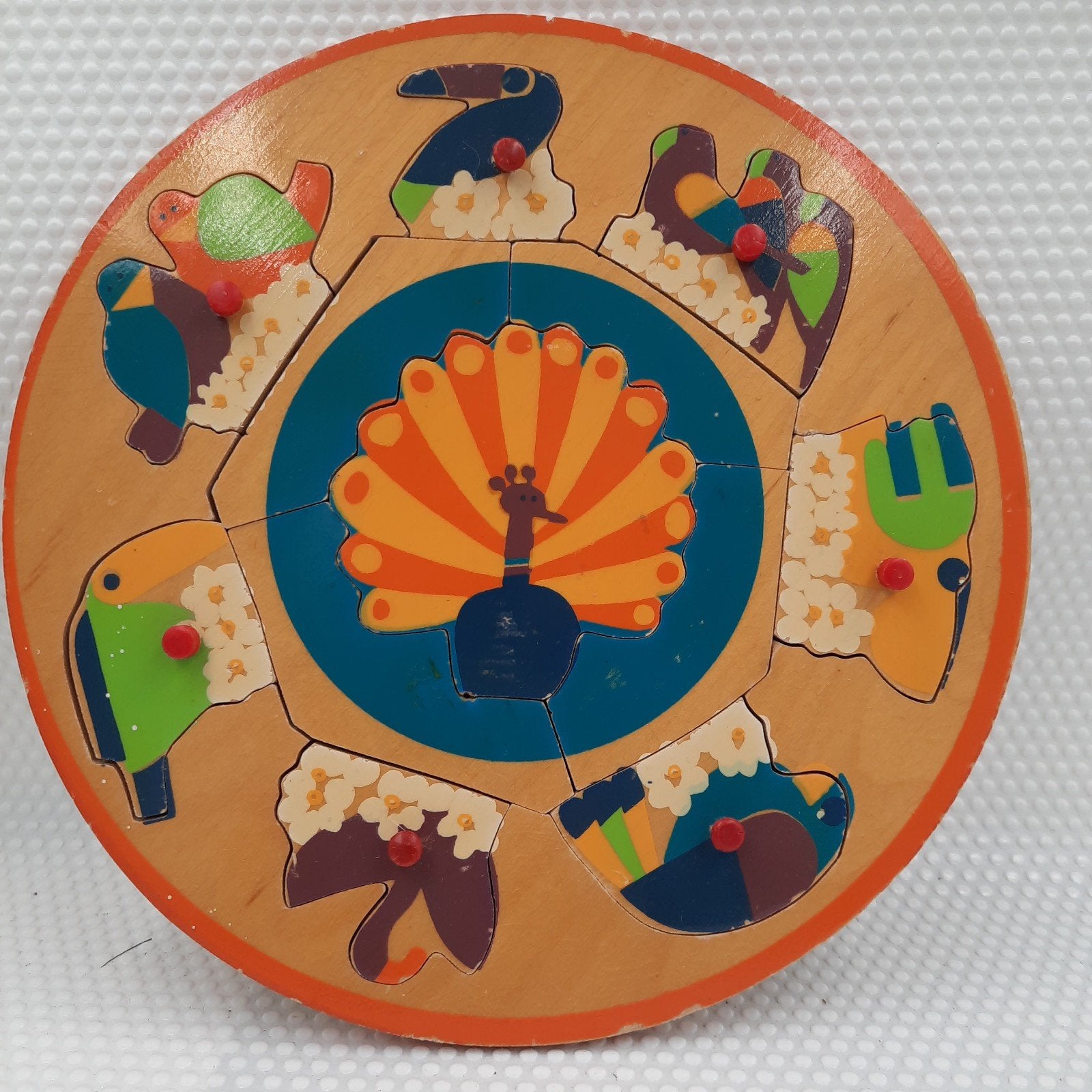 Vintage Simplex Houten Ronde Puzzel Vogels, 2 tot 4 jaar, Gebruikt, 10 tot 50 stukjes, Ophalen of Verzenden