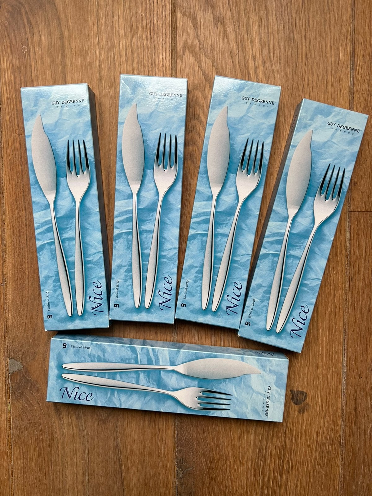 Guy Degrenne visbestekset 5-delig (nieuw), Bestekset, Nieuw, Ophalen of Verzenden, Rvs of Chroom