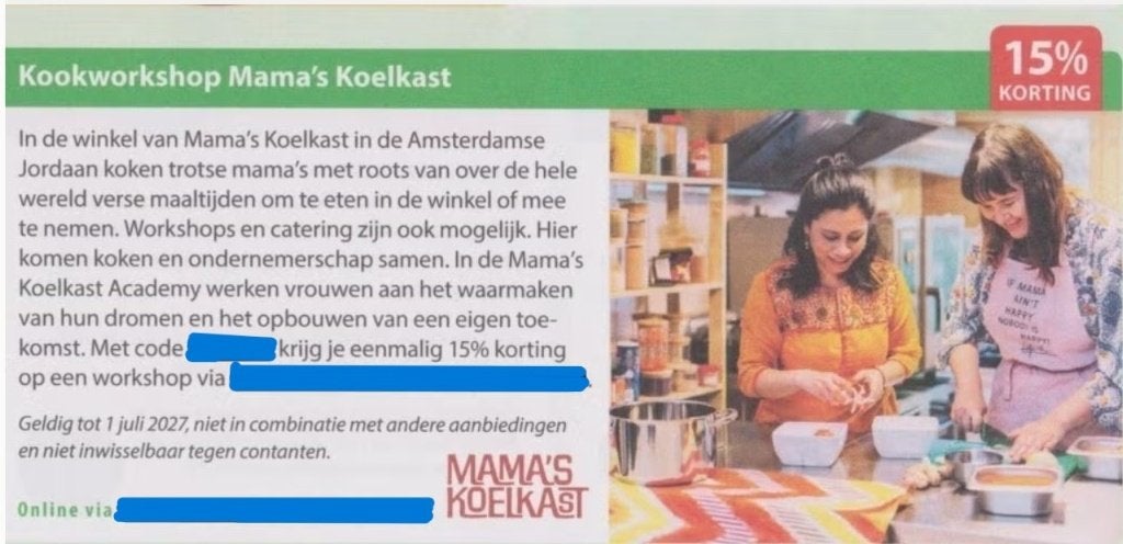 Kookworkshop Mama’s Koelkast 15% kortingslink/code, Eén persoon, Kortingsbon, Overige typen