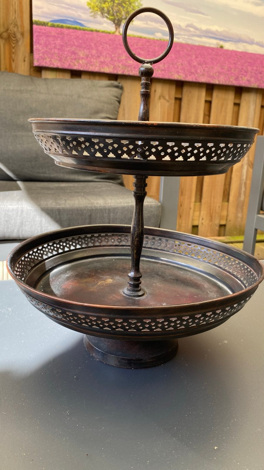 Stoere industriële metalen etagère (2-laags) - Donkerbrons /, Ophalen, Gebruikt, Metaal, Bruin