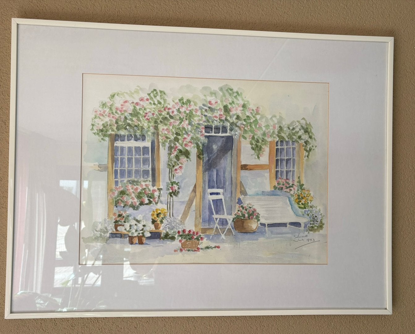 Mooi tafereel aquarel bloemen stoeltje, Antiek en Kunst, Kunst | Litho's en Zeefdrukken, Ophalen