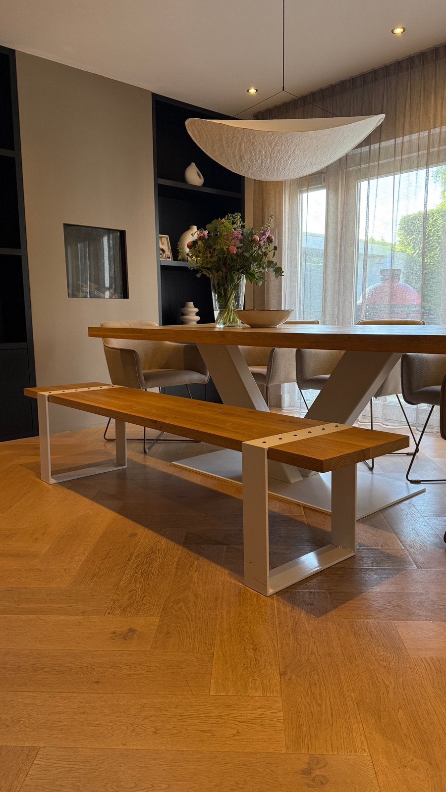 Eetkamerbank massief eiken zgan, Huis en Inrichting, Stoelen, Ophalen, Bruin, Zo goed als nieuw, Vier