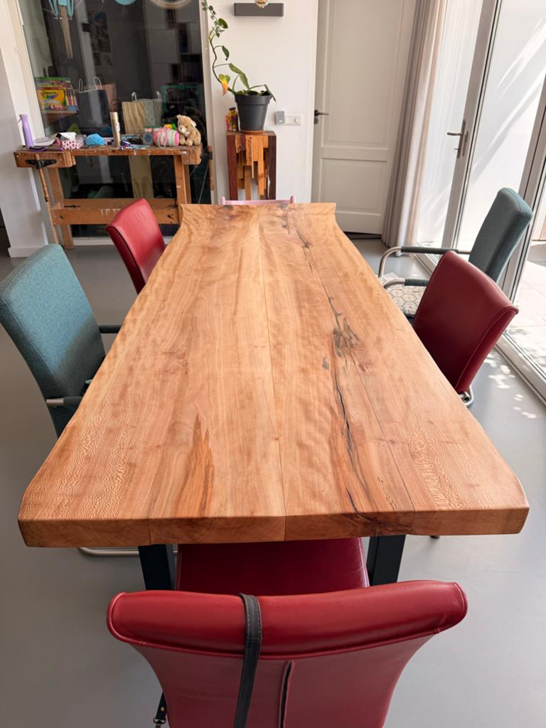 Live edge massief Plataan Bookmark Tafel Poedergecoate Poten, Huis en Inrichting, Tafels | Eettafels, Nieuw, 50 tot 100 cm, 200 cm of meer