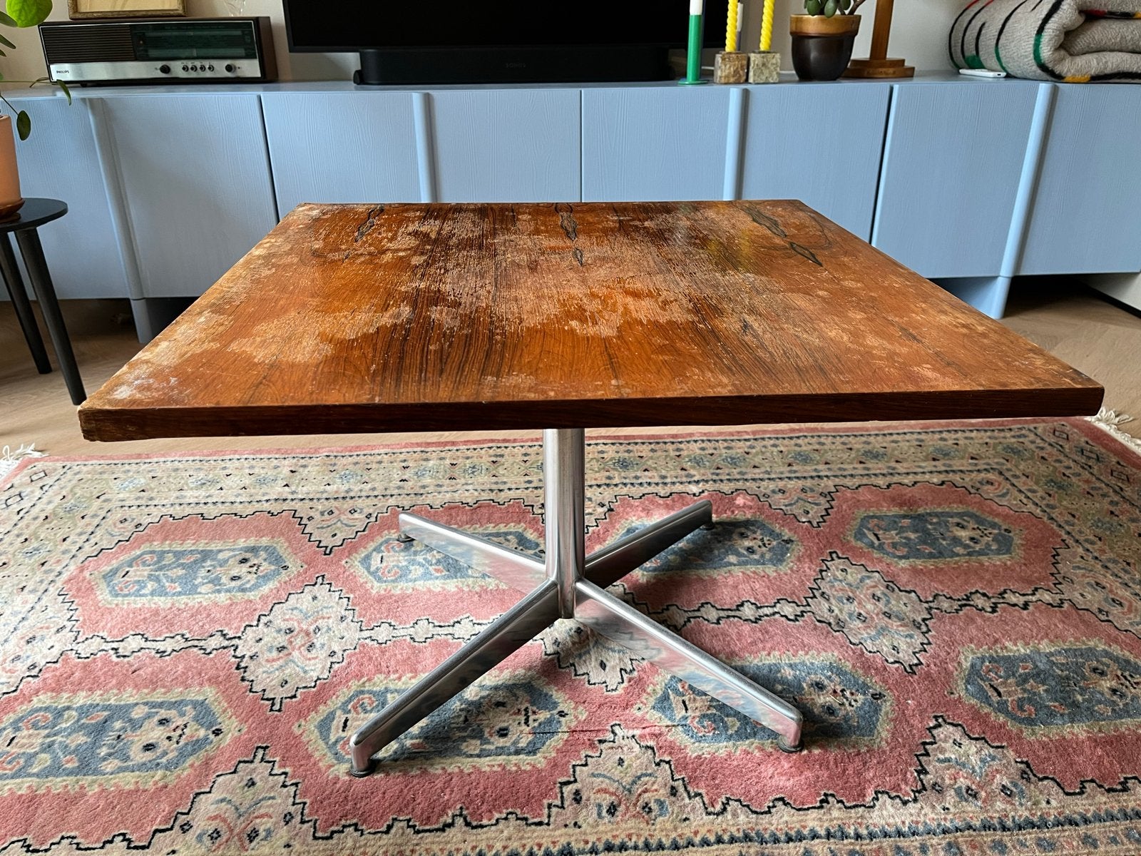 Salontafel/bijzettafel met Hout en Metaal/chroom, Ophalen, Gebruikt, Vierkant, 50 tot 100 cm
