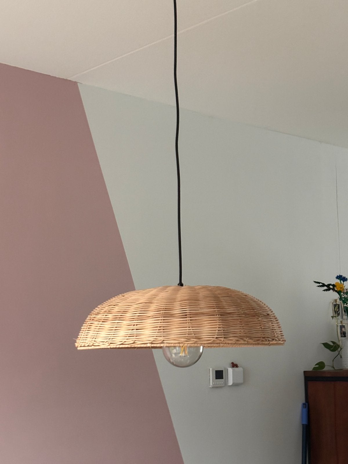 Hanglamp riet rotan 47cm, Ophalen, Zo goed als nieuw, Natuurlijk materiaal, E27 (groot)