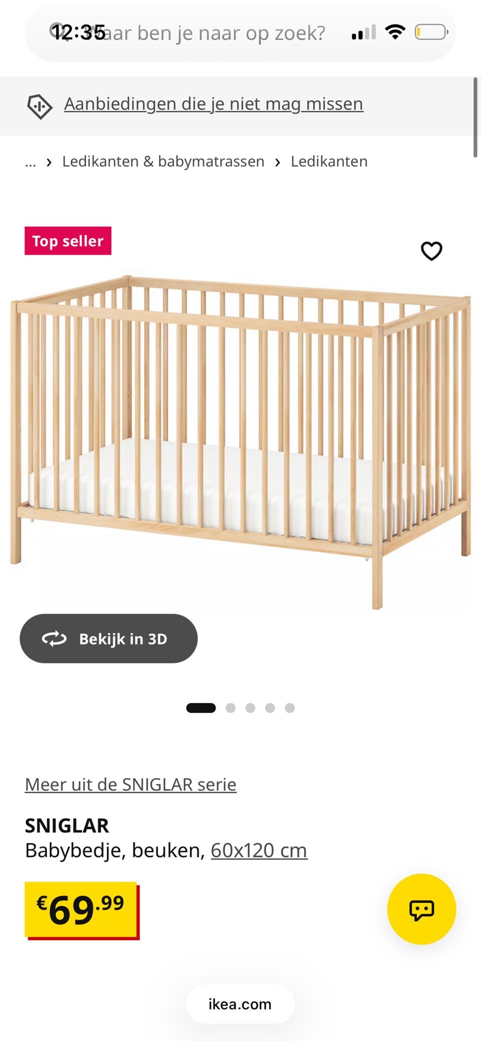 IKEA SNIGLAR Babybedje, beuken, 60x120 cm, Ophalen, Gebruikt, Minder dan 140 cm, 70 tot 85 cm