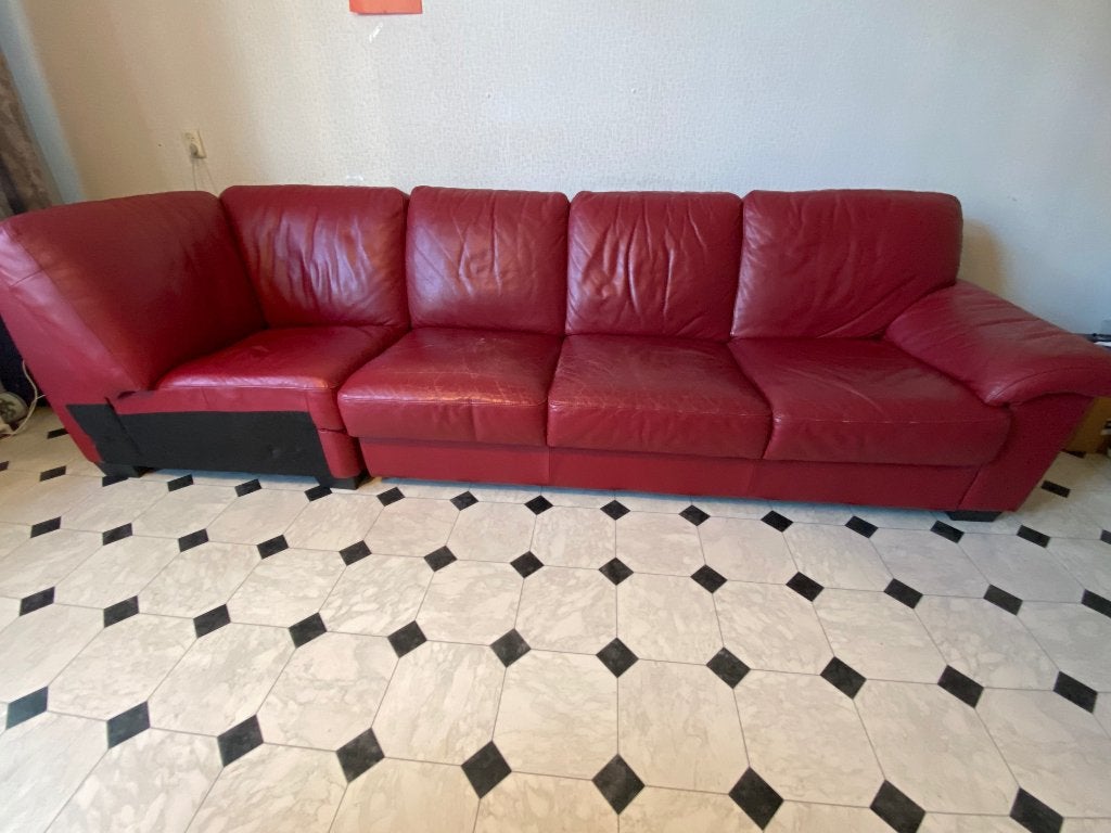 Gratis rode leren bank, 4 zits, Huis en Inrichting, Ophalen, 250 tot 300 cm, Gebruikt, 100 tot 125 cm