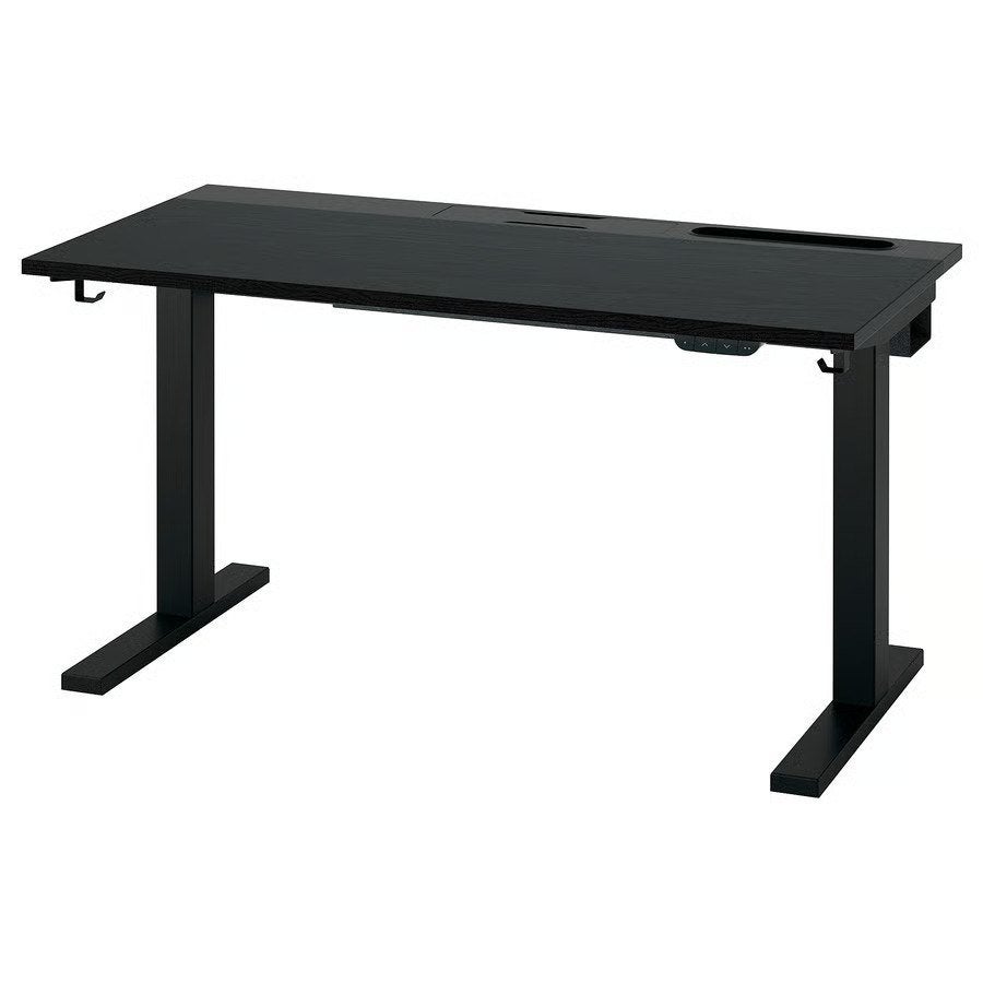 2x IKEA MITTZON elektrisch zit-sta bureau 140x60 cm zwart, Huis en Inrichting, Bureaus, Ophalen, Zwart, Hout, Kabelgoot