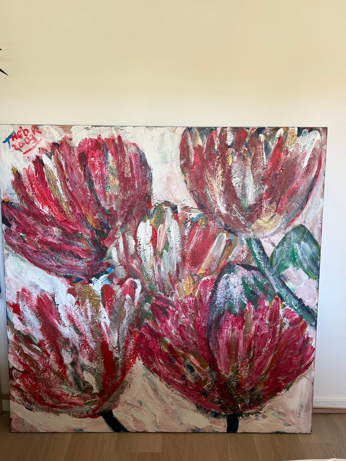 Groot abstract schilderij met rode tulpen., Ophalen