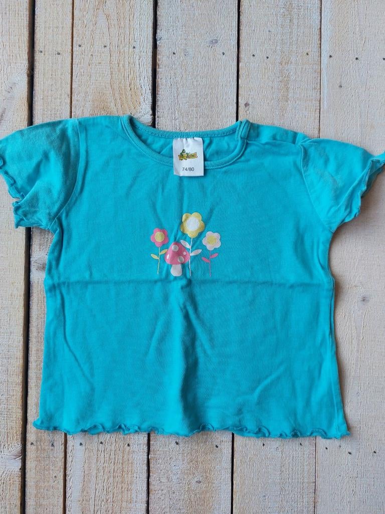 Leuk turquoise shirtje met bloemen maat 74/80, Kinderen en Baby's, Babykleding | Maat 74, Zo goed als nieuw, Onbekend, Shirtje of Longsleeve