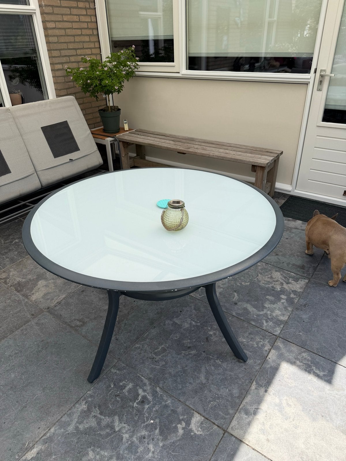 Ronde tuintafel met glazen blad, Tuin en Terras, Ophalen, Gebruikt, Rond, Aluminium
