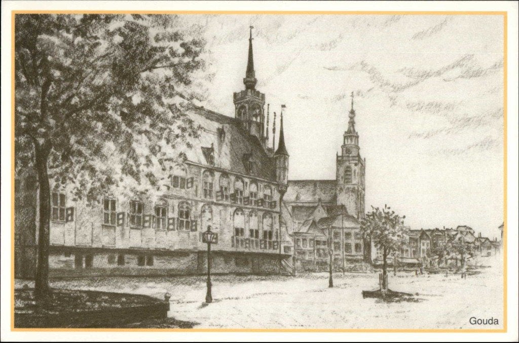 Gouda. Tekening Otto de Bruijne. voor € 1,00, Ophalen, 1960 tot 1980, Ongelopen, Zuid-Holland